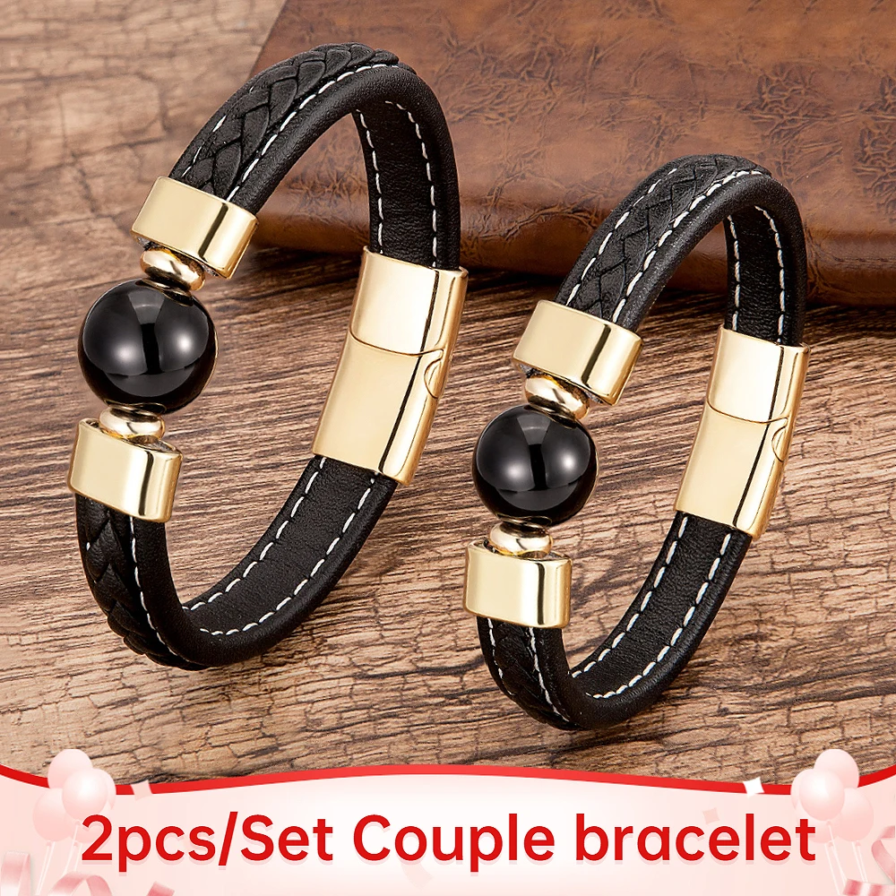 Модные браслеты для пар 2 шт./компл. подарки очаровательные из натуральной кожи с круглыми камнями мужчин и