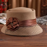 fs british wool felt flat top fedora hats for women autumn winter church cloche derby hat fedoras bowler cap flowers veil ribbon