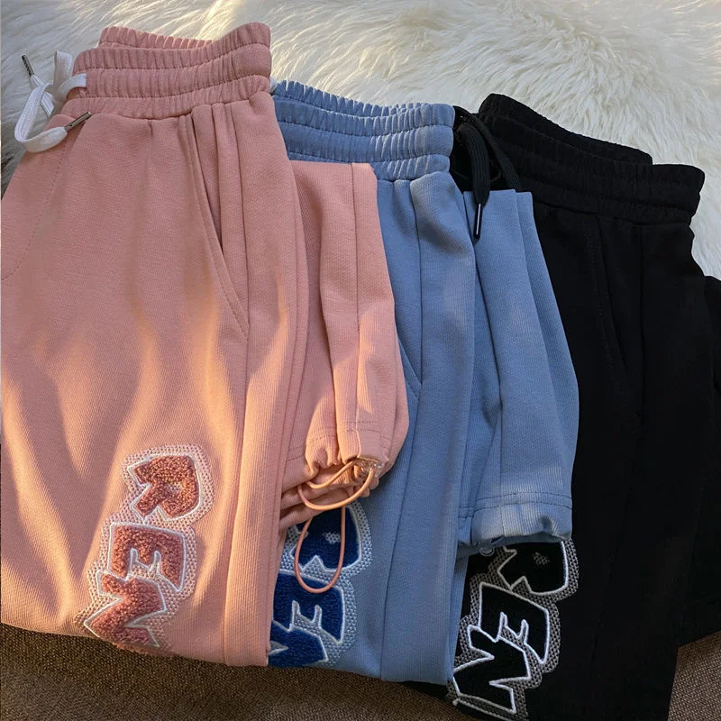 

Брюки женские с Вышивкой Букв, Модные свободные однотонные повседневные прямые широкие штаны в стиле Харадзюку, для студентов, лето