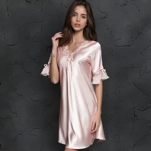 pink colour Одежда для сна с v-образным вырезом, ночная рубашка, шелковое платье с коротким рукавом, кружевная юбка, ночная сексуальная одежда для сна, женское шелковое белье, платье для сна - Цвет: pink colour
