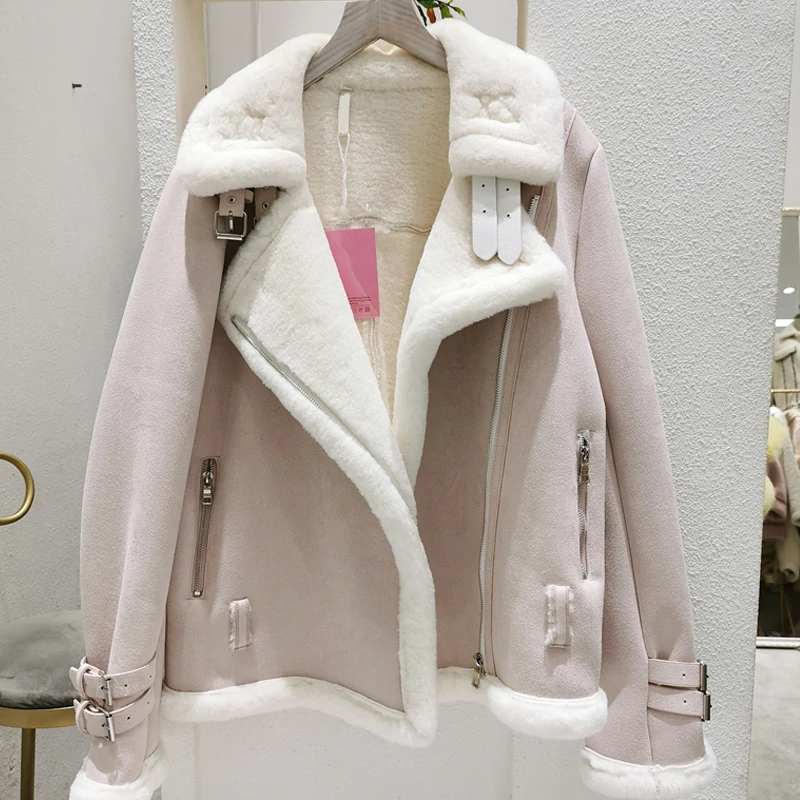 Winter Lambs Wool Jacket Women Thick Long Sleeve Cotton Padded Warm Suede Faux Shearling Sheepskin Fur Motorcycle Coat | Женская одежда