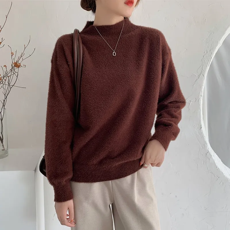 

Женские Повседневные свитера с длинным рукавом, Новое поступление 2021, Осень-зима, простой стиль, однотонные свободные женские вязаные пулов...