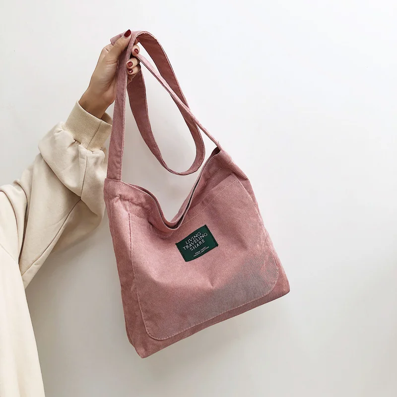 

Women Corduroy Shoulder Bag Quality Canvas Crossbody Bags Simple Cloth Fabric Handbag Tote Solid Zipper Messenger Bags For Girls