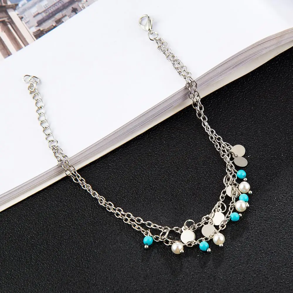 Винтажный Античный Серебристый браслет на ногу женский 2 слоя блестки