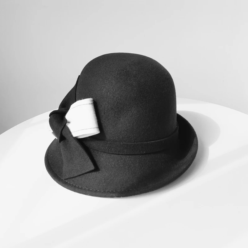Ladies 100% Wool Winter Bowler Hat Retro British Hepburn Cloche Bucket Hat with Bow Accent