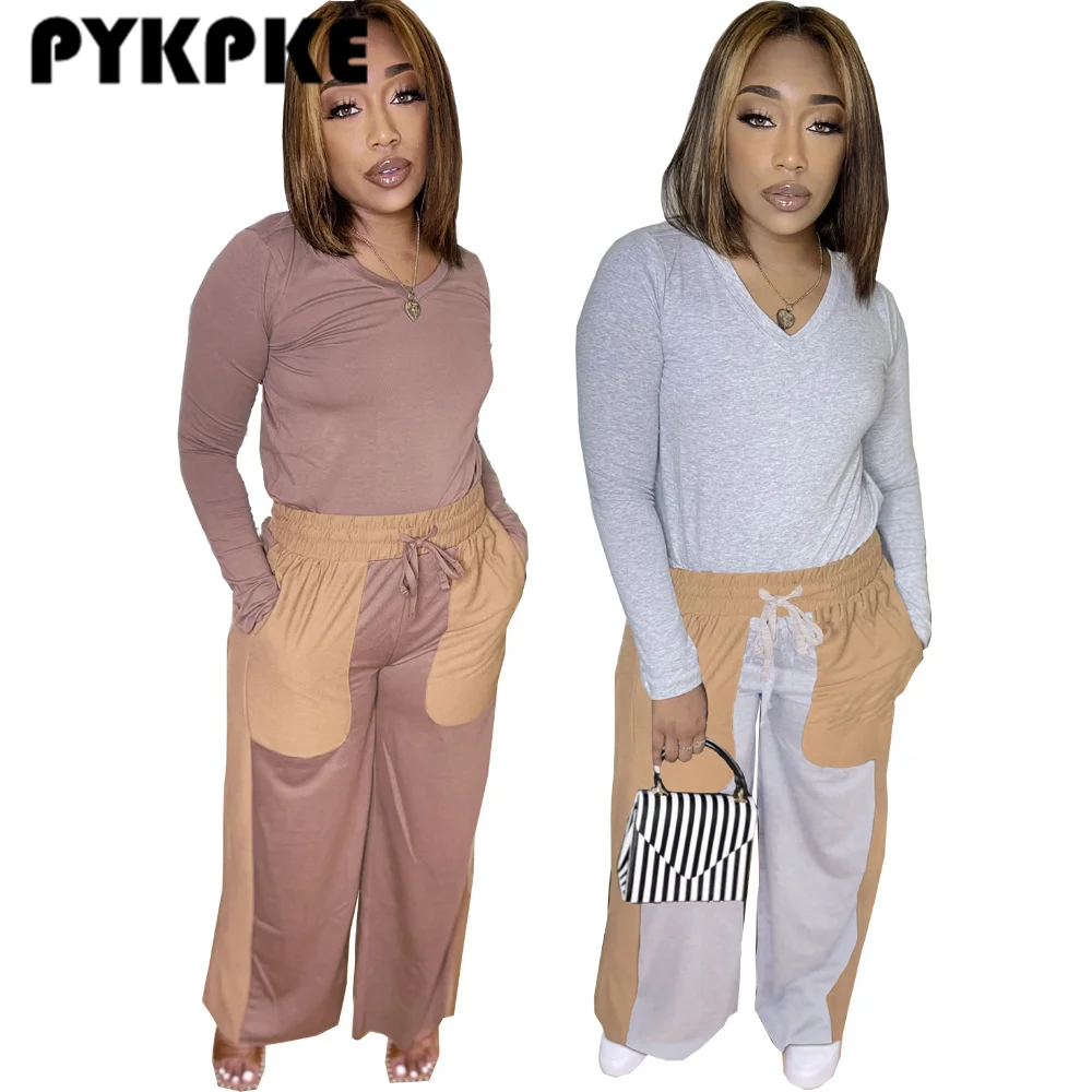 

Casual Tracksuit Women Set Long Sleeve Top+Patchwork Wide Leg Pants Two Piece Sets for Women Autumn Sporting Suit