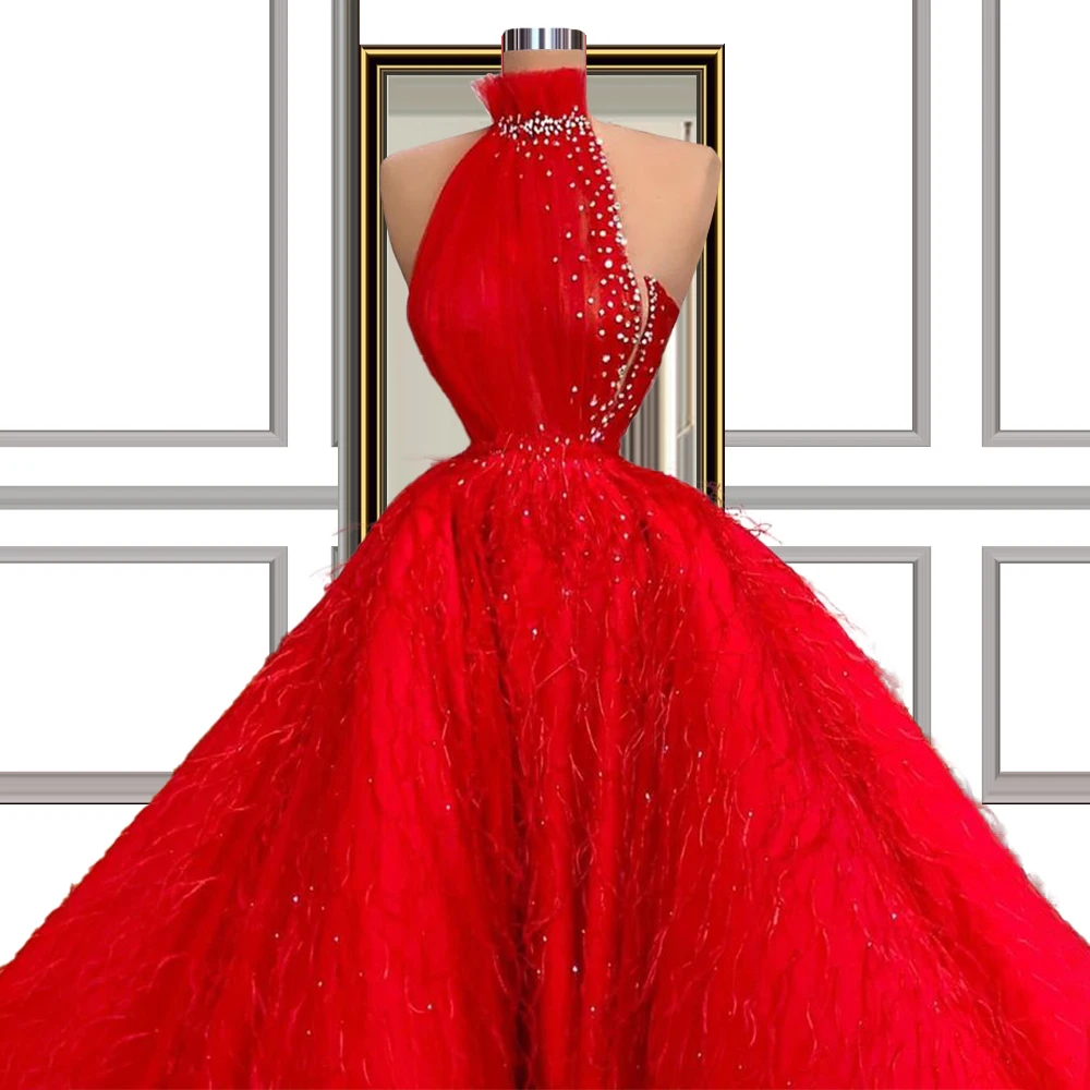 

High Neck Ball Gown Red Wedding Dress Feathers 2021 Princess robe de soire de mariage Dress