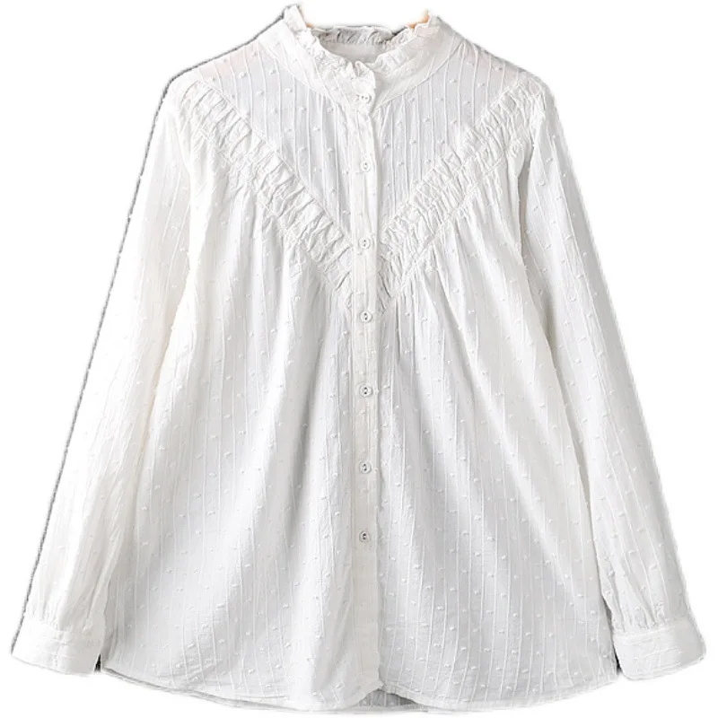 

2021 Spring Boutique Mori Girl Dots Embroidery Cotton Linen White Lolita Shirt Casual Women's Blouse