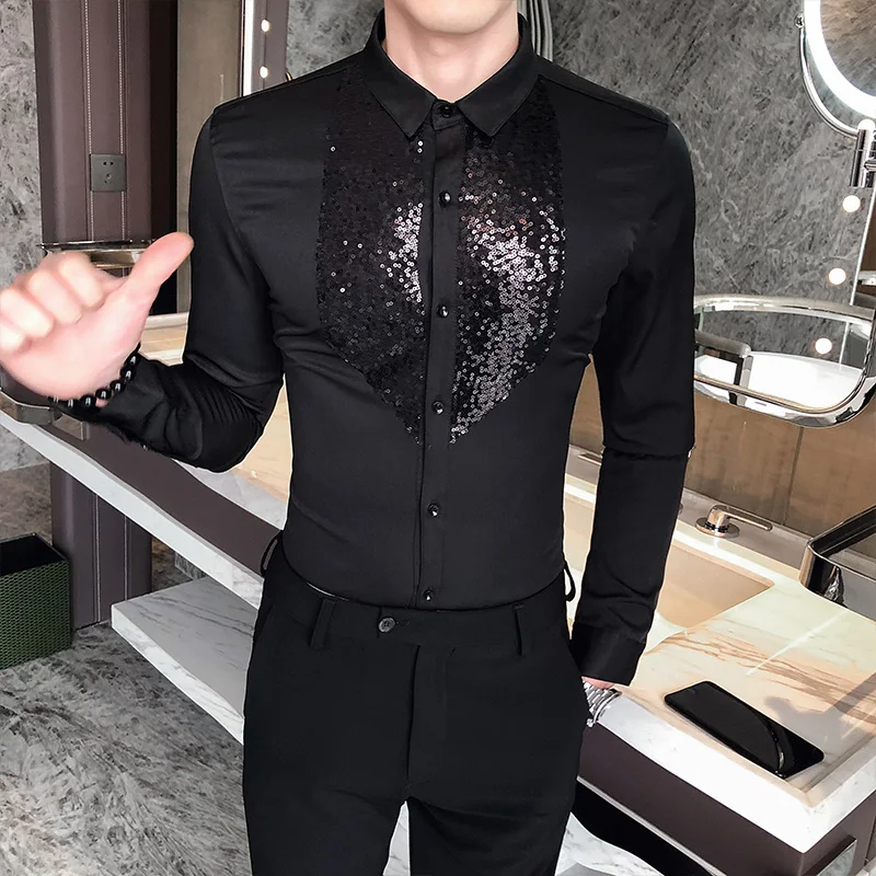 White Black Tuxedo Shirt Men Sequins Patch Solid Long Sleeve Dress Slim Fit Shirts Stage Wedding Prom Gentleman Blouse Male