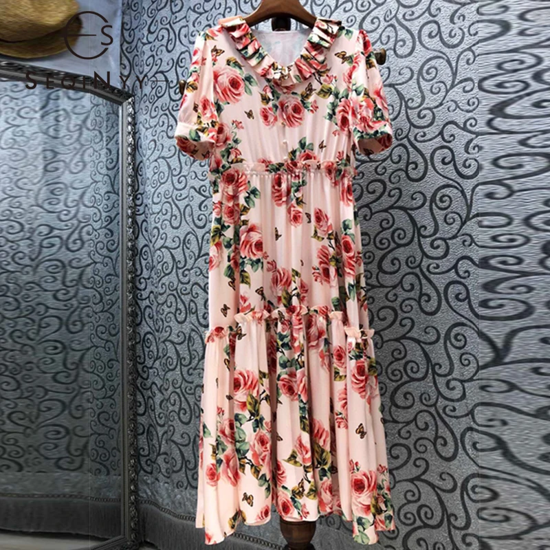 

SEQINYY Fashion Summer Dress Designer Women Rose Flowers Printed Pleated Ruffles Elastic Waist High Quality Holiday Midi Casual