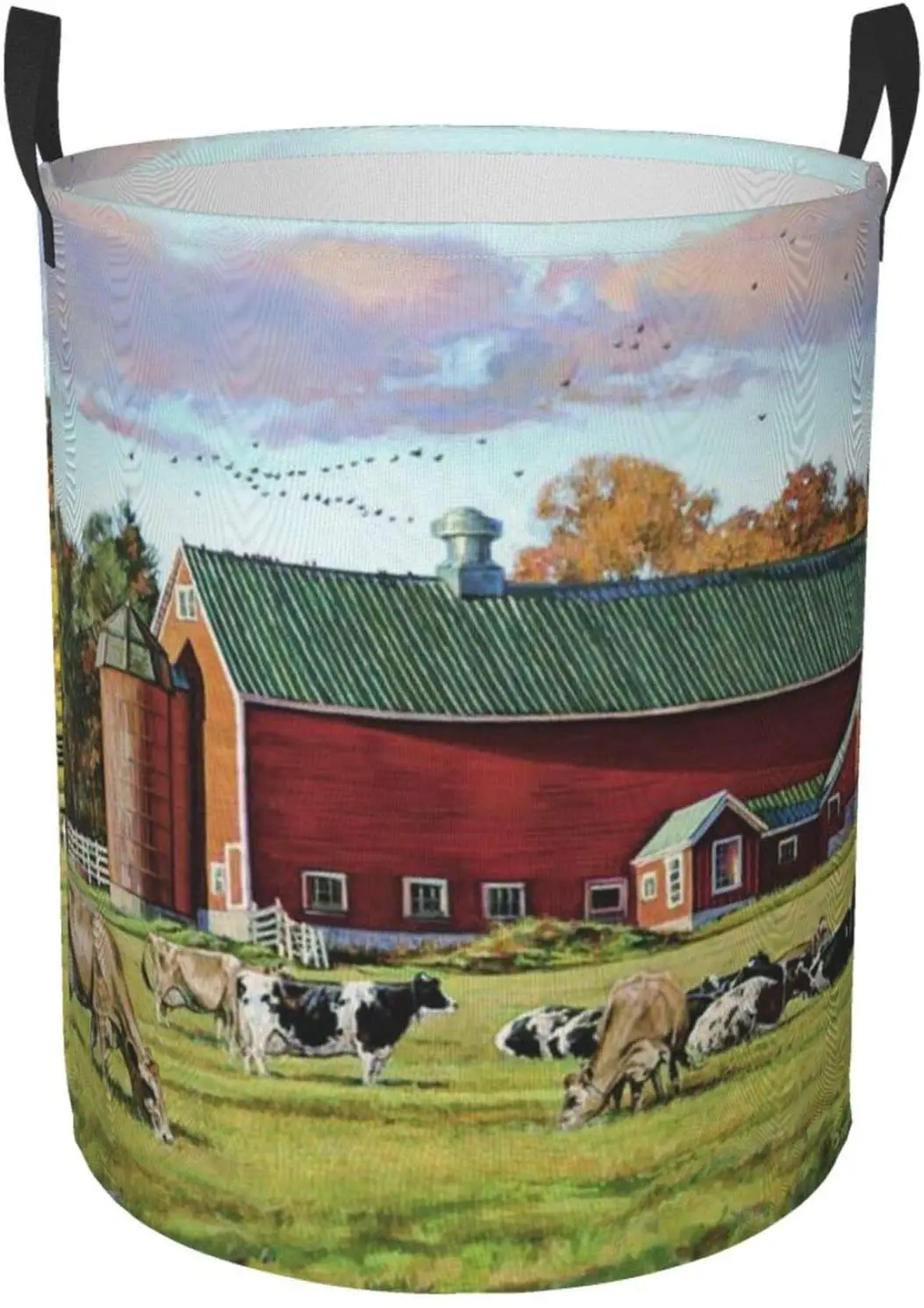 

Red Barn And Cow Laundry Basket Round Shape With Handles Foldable Canvas Storage Box Dirty Clothes Bag Laundry Toy Storage