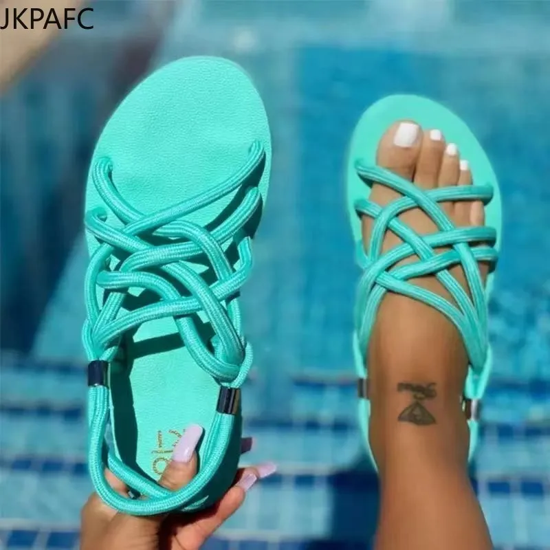 

Sandals 2021 summer new style flat hemp rope set foot beach sandals women36-43