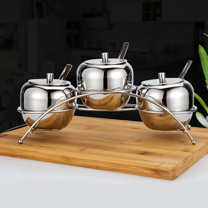 Набор из 3 банок для специй нержавеющей стали с крышкой и подставкой ложек