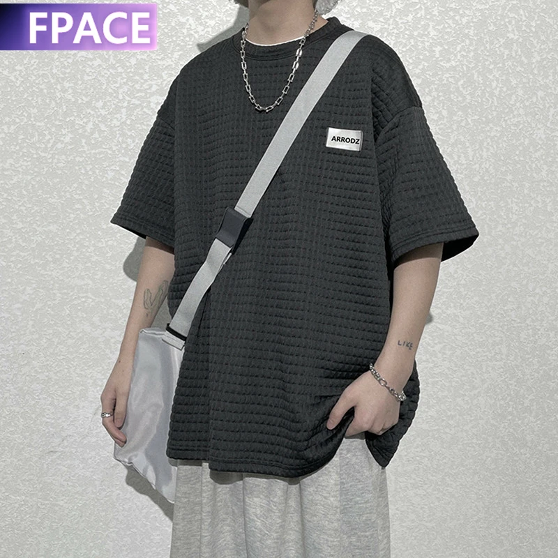 

FPACE Lattice T-Shirt Spring Summer Fashion Temperament Loose Casual Solid Color Letter Round Neck Summer 2021Black White Tee