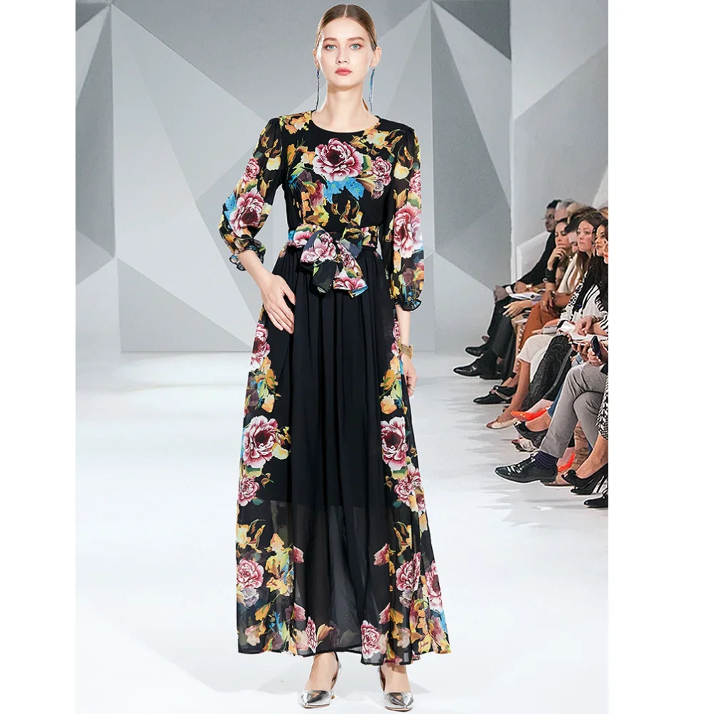 

2022 New Chiffon Flower Printed Latern Sleeve O-neck High Waist Long Dress