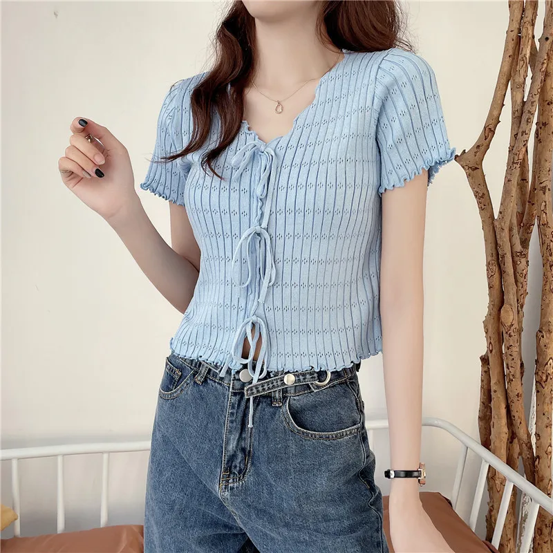 

PEONFLY korean style ruffle short sleeved cardigan tops cute fashion short knitted t-shirt Sweet solid V-Neck tops