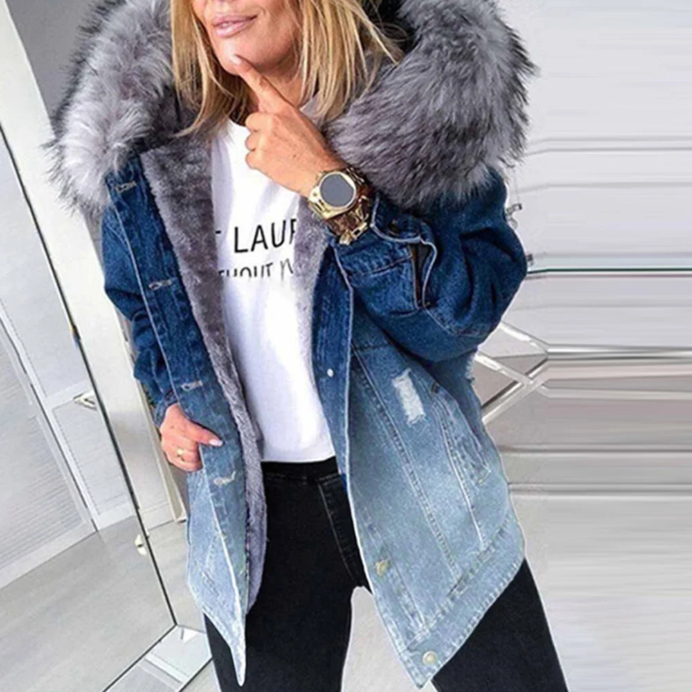 

Denim Jacket Women Short Thick Warm Coats Casual Jacket Women Long Sleeve Winter Outwear Office Ladies Solid Streetwear Jean