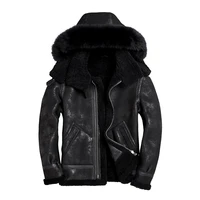 2020 new fox fur trimmed hooded real fur shearling jacket black slim classic winter real natural sheepskin clothing