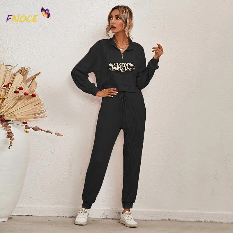 

FNOCE Two-Piece Suit Zipper Lapels 2021 Women's Clothing Fashion Fall Autumn Leopard Print Long Sleeve Home Wear Casual Suit