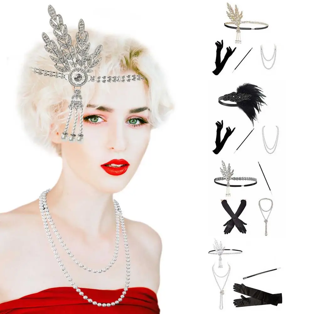 Conjunto de accesorios del gran Gatsby para mujer, diadema con aleta de disfraz de los 20s, collar de perlas, pulsera, pendiente, soporte para cigarrillos, ppp, 1920