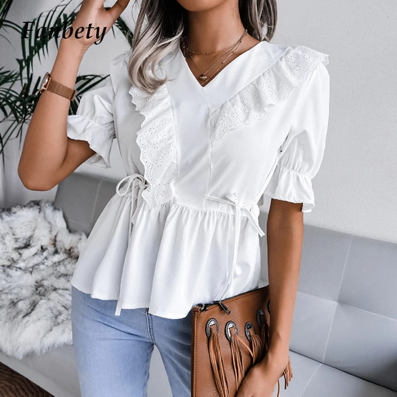 

Элегантная однотонная кружевная офисная Дамская рубашка с оборками на весну и лето, Модная приталенная шикарная Блузка с поясом, женские по...
