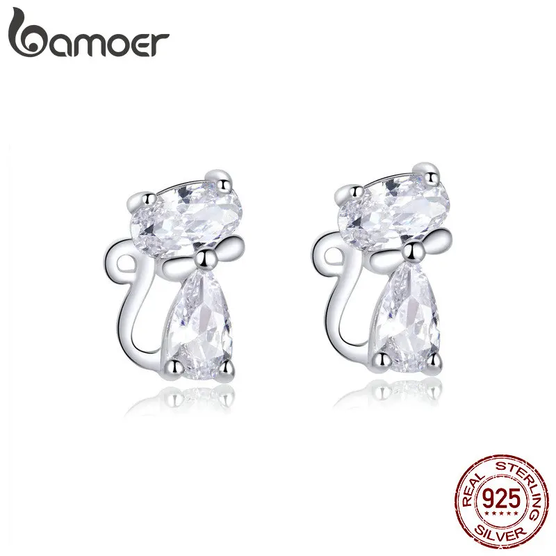 Bamoer, кошачьи серебряные серьги-гвоздики, Стерлинговое Серебро, 925, прозрачный Фианит, милые животные, ohringe, гипоаллергенный, женский подарок, Brincos BSE206
