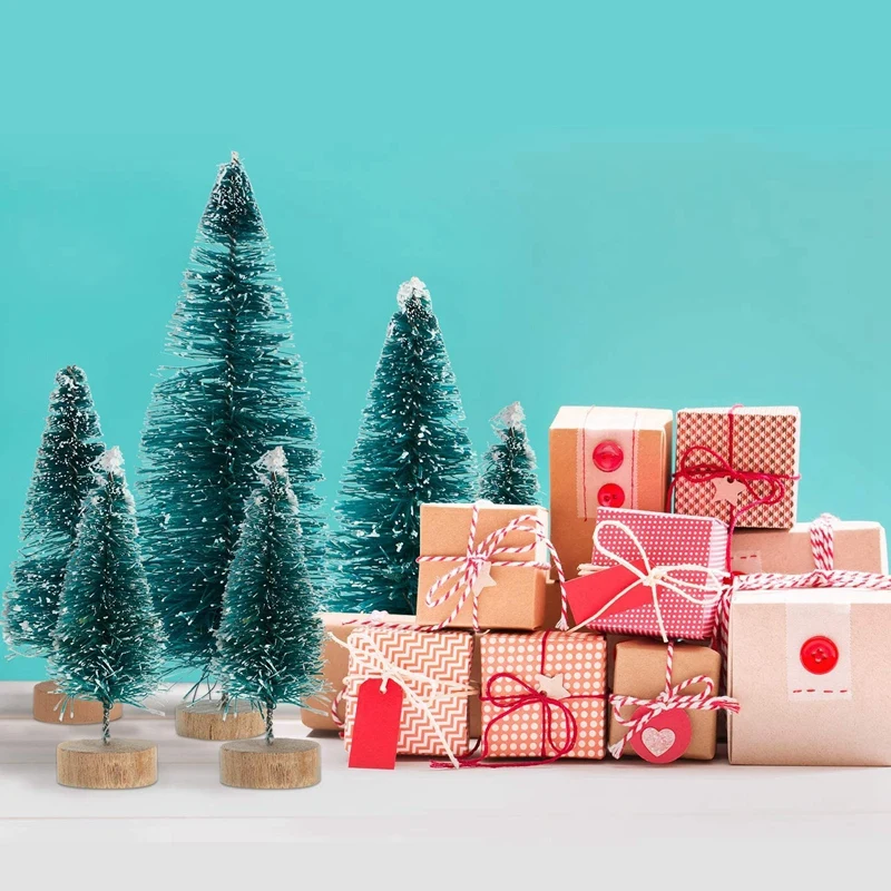 

60 Pieces Mini Sisal Snow Frost Trees Winter Pine with Wood Base Snow Ornaments Tabletop Trees for Christmas Decoration