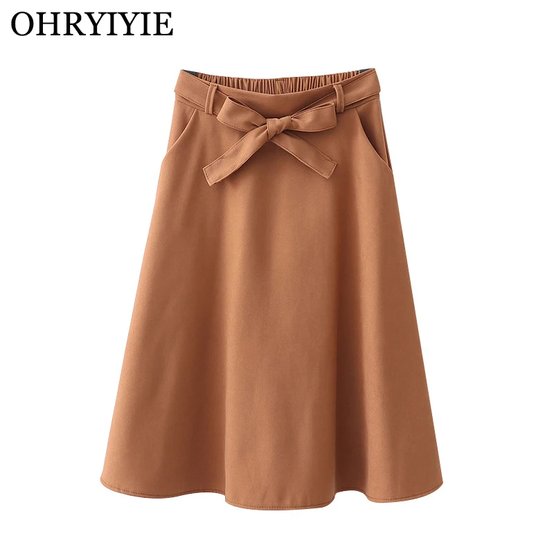 

Весна-лето, Корейская элегантная юбка OHRYIYIE с бантом, новинка 2021, модная юбка А-силуэта с высокой талией, Женская однотонная бандажная юбка