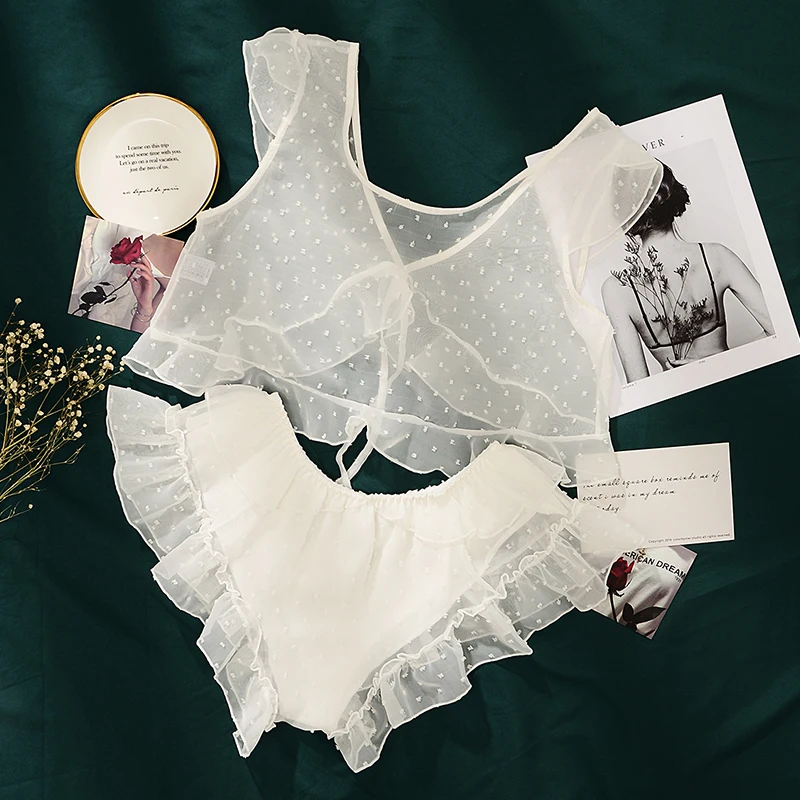 

Summer Sexy Pajamas for Women Sleepwear Ladies Lace Perspective Top and Short Suit Dot Pink White Cute Girl Sleepdress Lingerie