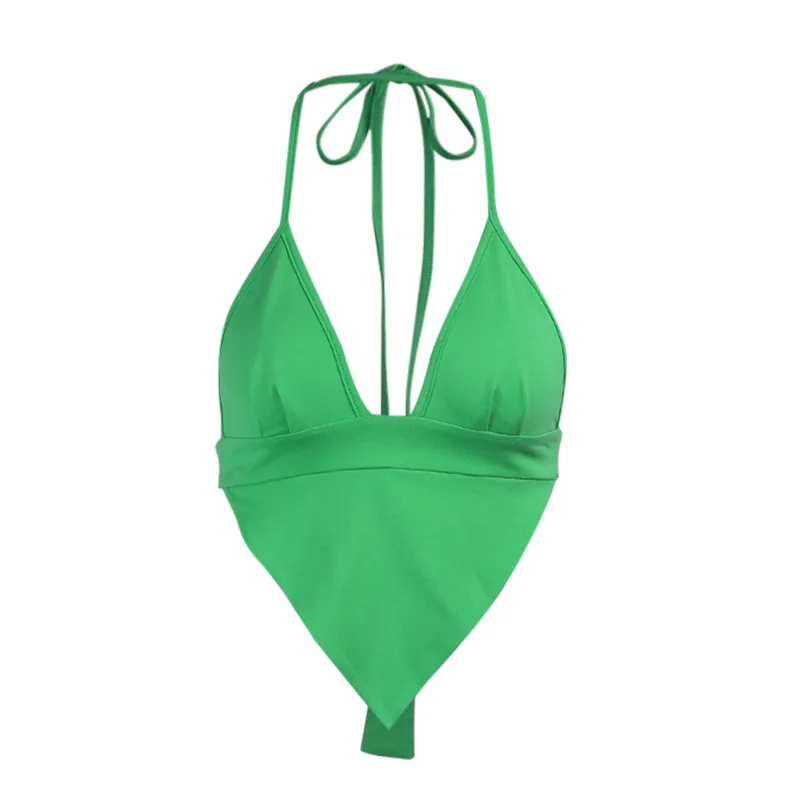 

Women Summer Sexy Skinny Halter Green Tank Top Solid Color Backless Cross Lace-up Inverted Triangle Irregular Hem Vest