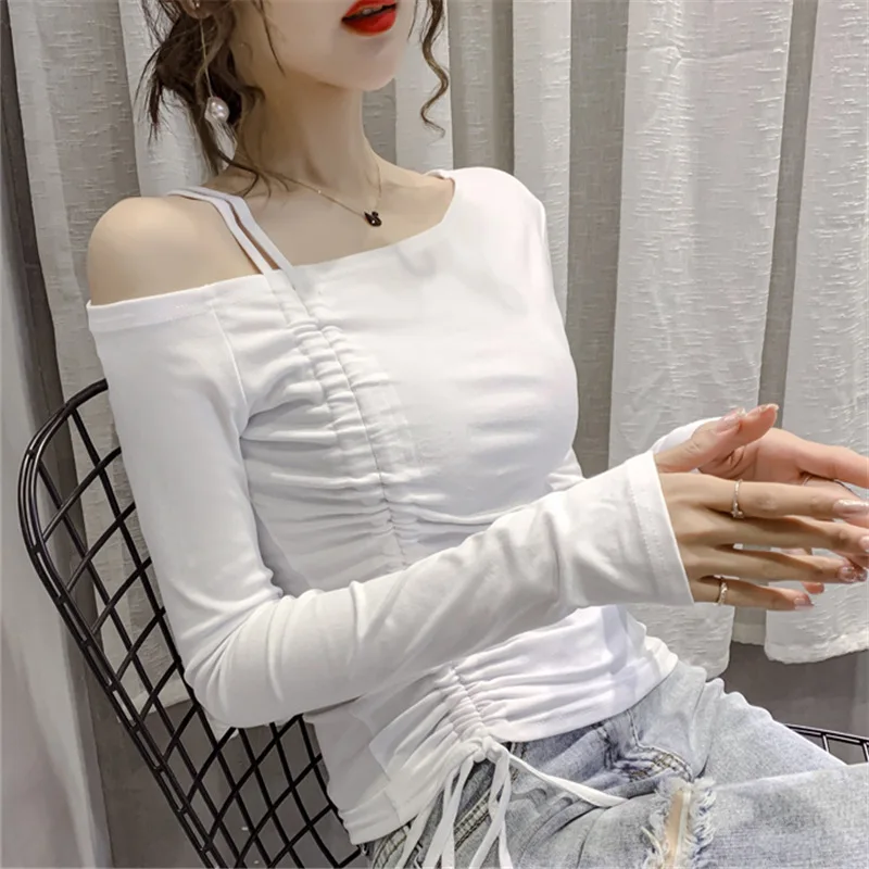 

2021 Summer New Sexy Sloping Shoulder Long sleeve black White Harajuku t shirt Women Slim Plus size Casual fashion woman tops