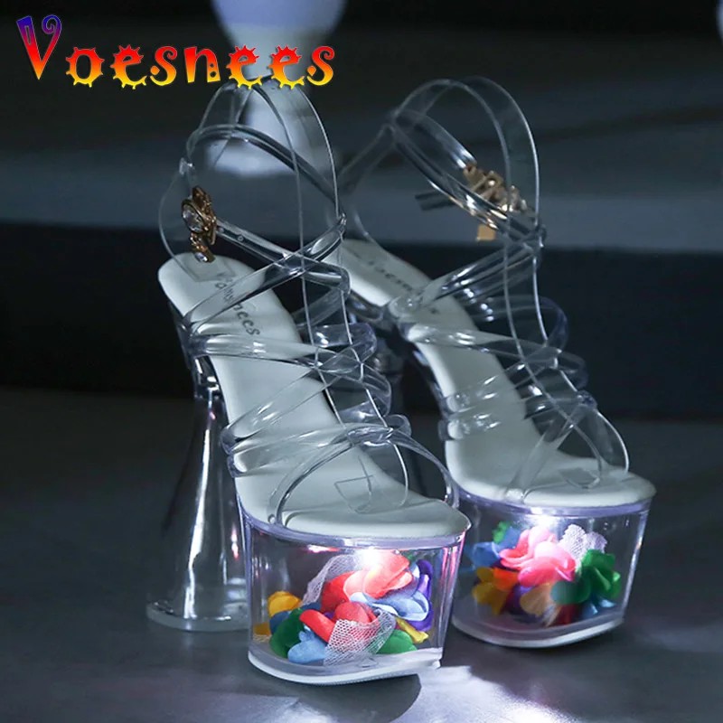 

Sexy PVC Transparent Belt Summer New Women Sandals Light Up Glowing Petal Platform Crystal Nightclub Catwalk Pole Dancing Shoes