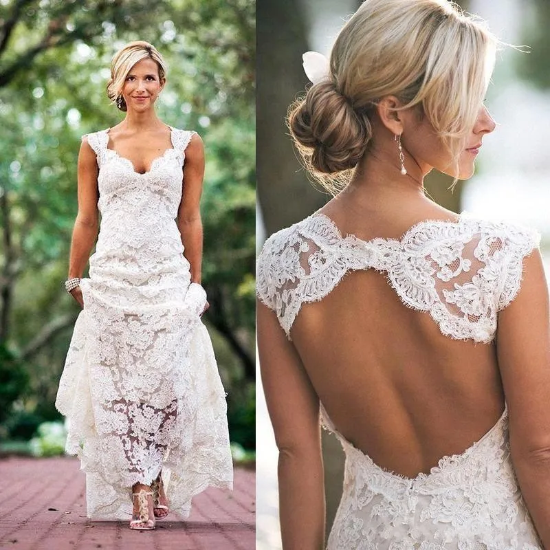 

Garden Long Wedding Dresses Back Hollow trouwjurk Customized V Neck Sexy Lace Wedding Dress Ivory Lining vestido de noiva