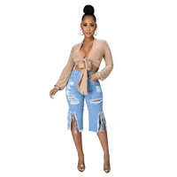 women jeans solid ripped hole distressed stretchy denim calf length pants fashion casual high streetwear summer trousers