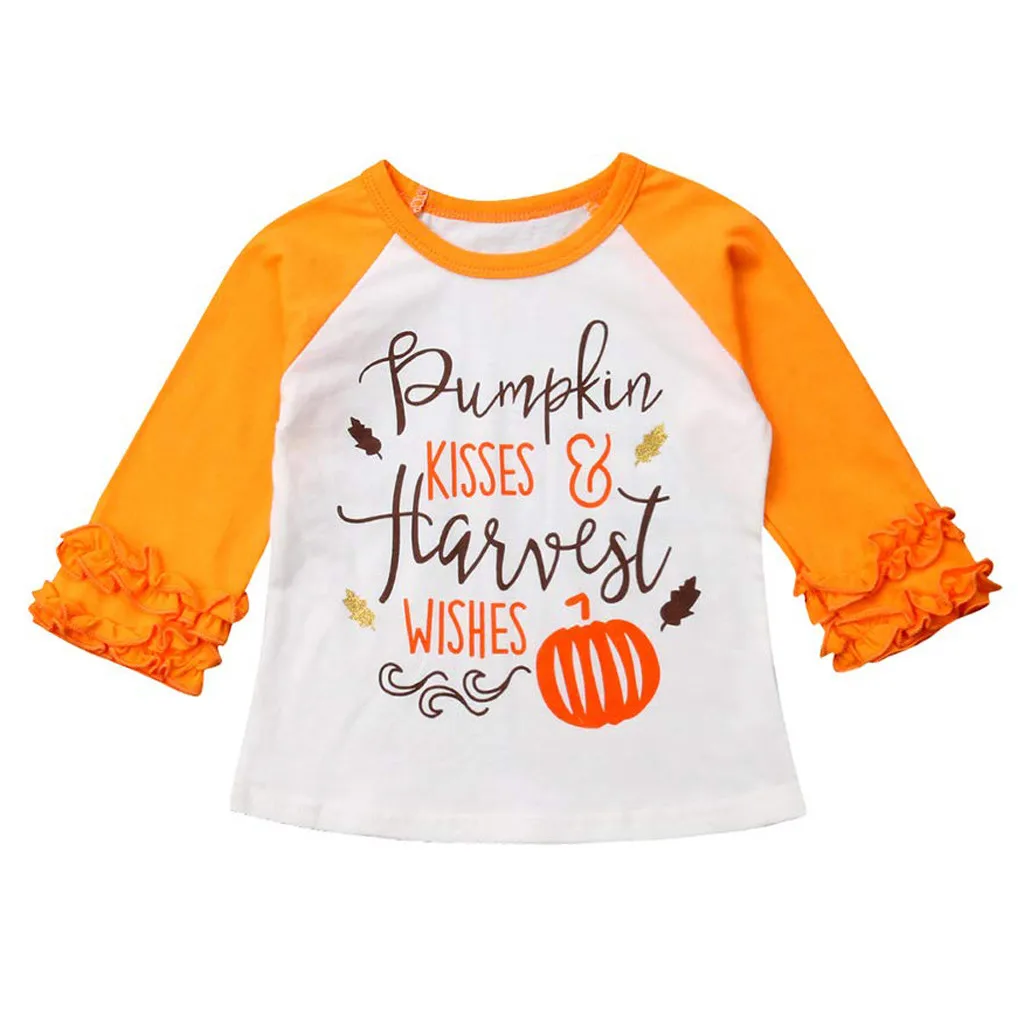 Детская футболка топы с длинными рукавами для девочек одежда оборками и рисунком