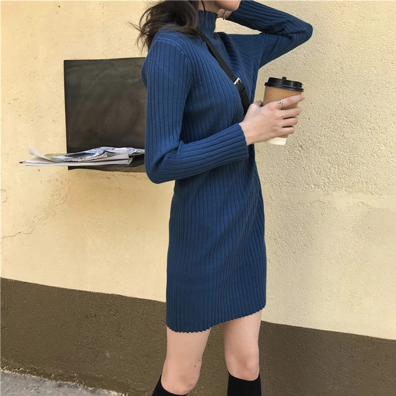 

Autumn Winter Long Style Knitted Jumper Tops turtleneck Pullovers Casual Sweaters Women Shirt Long Sleeve Tight Sweater Girls