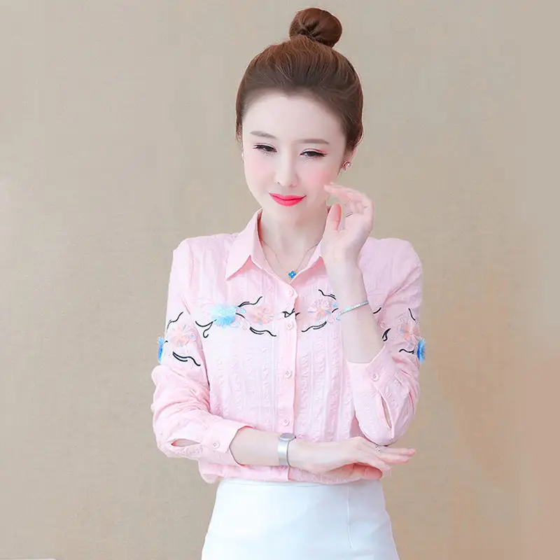 

Новинка весна-осень 2021, женская рубашка с отложным воротником и вышивкой, рубашка с длинными рукавами, модная блузка в западном стиле