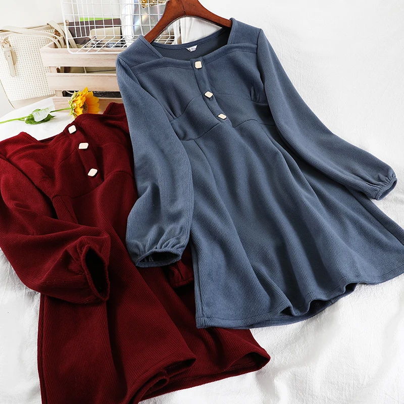 

LFL New Spring Autumn Fashion Solid Lantern Sleeve High Waist Dress Casual A Line Full Mid Calf Square Collar Women Dresses