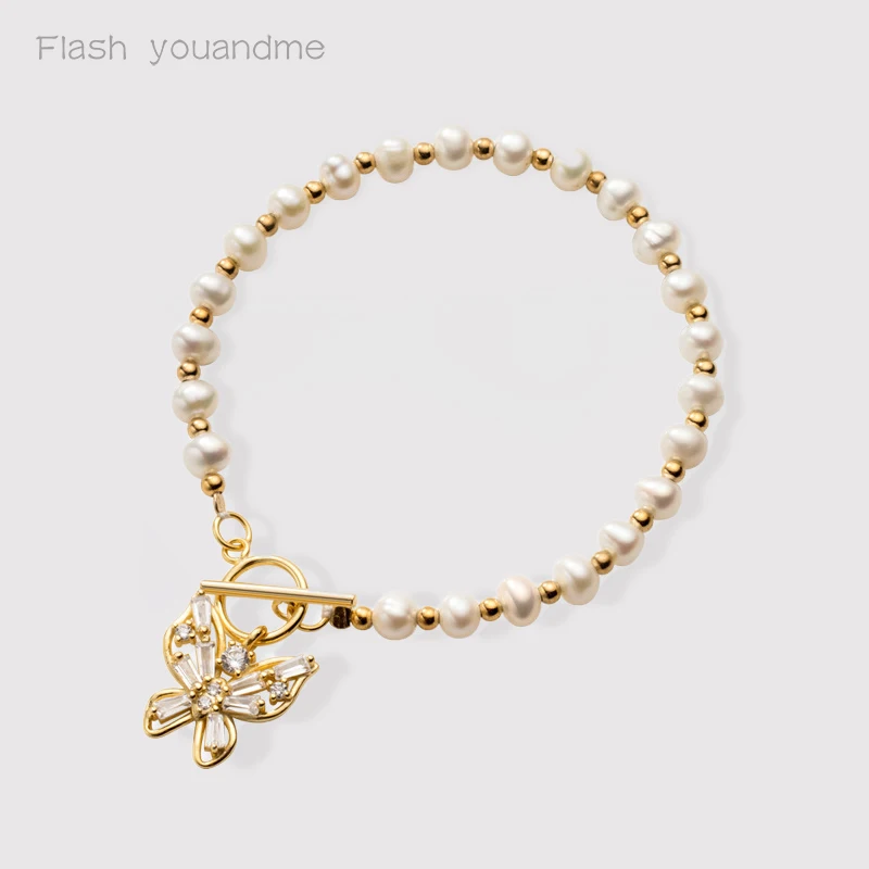 

Baroque Pearl Zircon Butterfly Pendant Bracelet for Fine Women Real 925 Sterling Silver Wedding Birthday Jewelry Gift