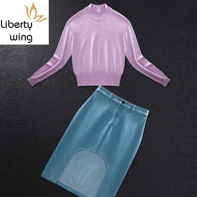 Женский джинсовый костюм со свитером розовая джинсовая мини-юбка с длинным