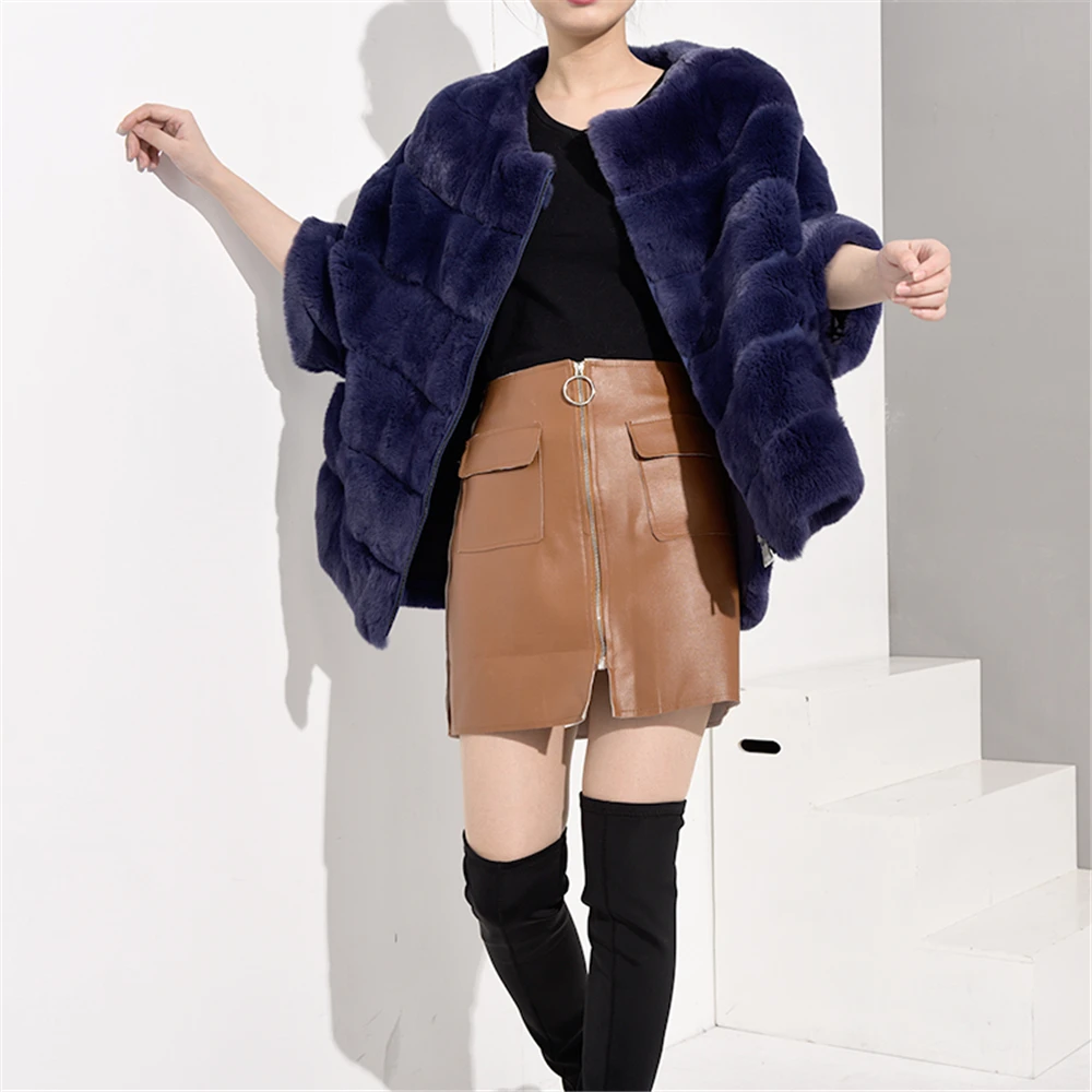 TOPFUR Rex Rabbit Fur Coat Women Real Fur Coat With Zipper Dark Purple Leather Jacket Dark Blue Winter Coat Women Plus Size enlarge