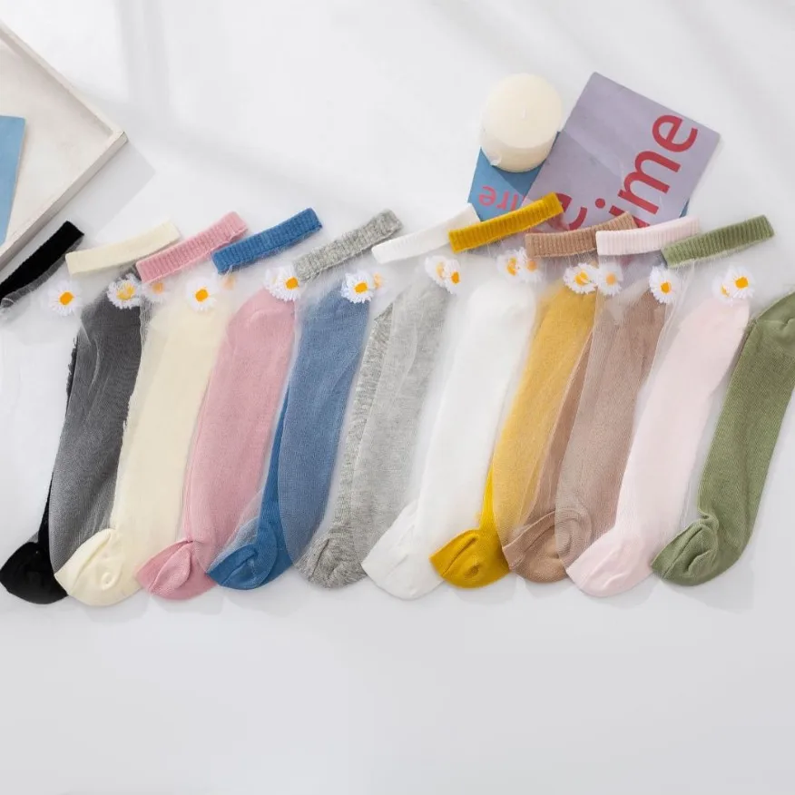 

Small Daisy Sheer Tulle Floral Ankle Socks Women Mesh Transparent Girls Cute Black White Sheer Lace Nylon Socks Pop Short Sock