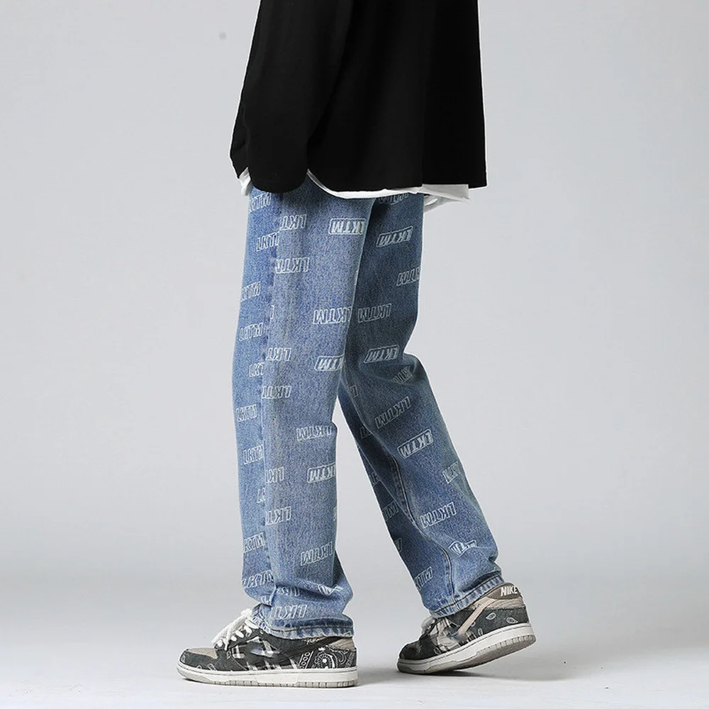 Men Jeans Autumn Winter Trend High Street Wear Hip-hop Letter Printed Jeans Men  Vertical Wide-leg Denim Pants Retro Unisex