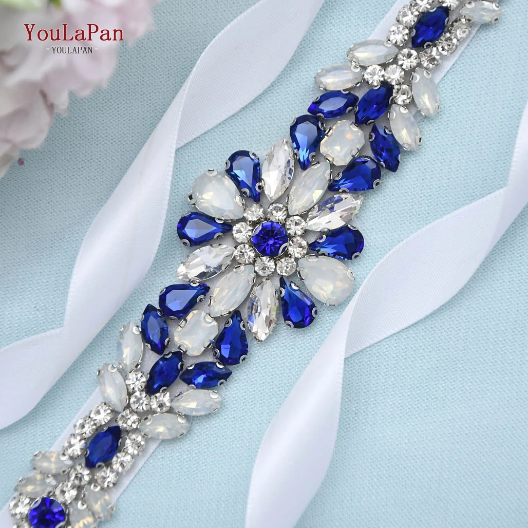 

YouLaPan S424 Royal Blue Bridal Belt Crystal Bride Sash Diamante Aplique Beading Wedding Belt Meringue diamond Rhinestone