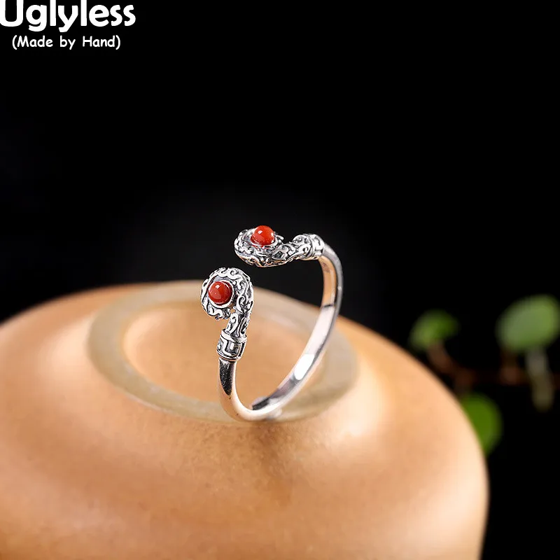 

Uglyless Thai Silver Curved Open Rings for Women Real 925 Silver Agate Ring Ethnic Vintage Fashion Dress Jewelry Creative Bijoux