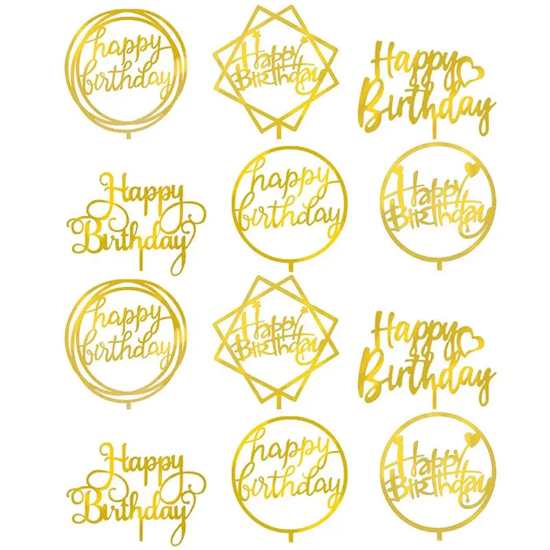 

12 шт. Модные Акриловые двусторонние зеркальные вставки для торта на день рождения, украшения для выпечки (золотистые)