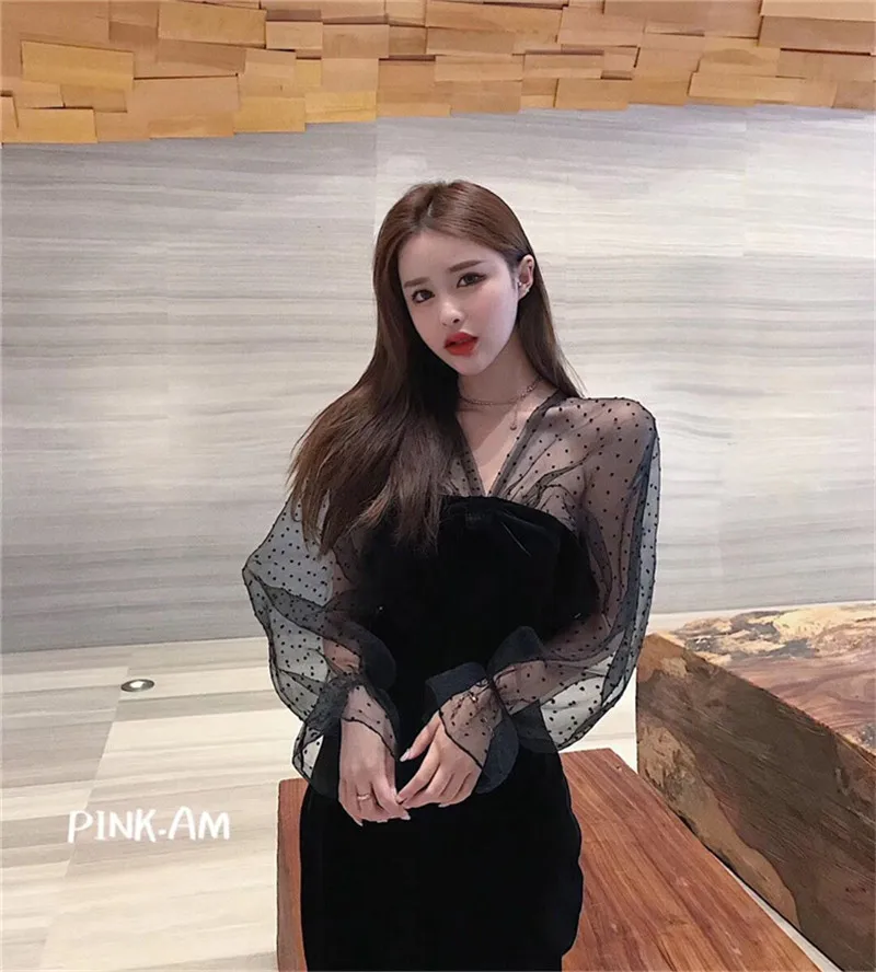 Шикарный французский с пышными сетчатыми рукавами вельветовое платье 2019 новые