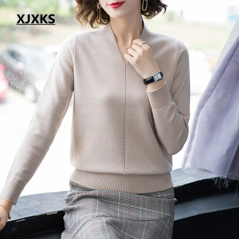Модный женский свитер XJXKS с V-образным вырезом новинка сезона осень-зима 2022