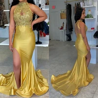 yellow sexy mermaid evening dresses high neck lace appliques arabic prom gowns 2021 sweep train split backless special occasion
