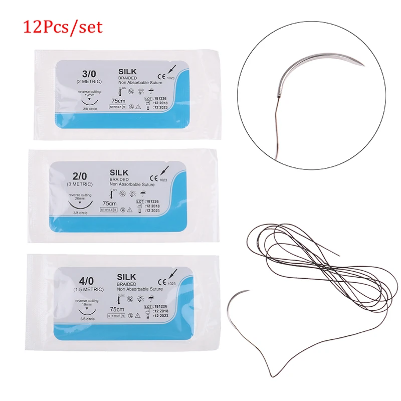 

Hot sale 12PCS 75cm 2/0 3/0 4/0 Dental Surgical Needle Silk Medical Thread Suture Surgical Practice Kit